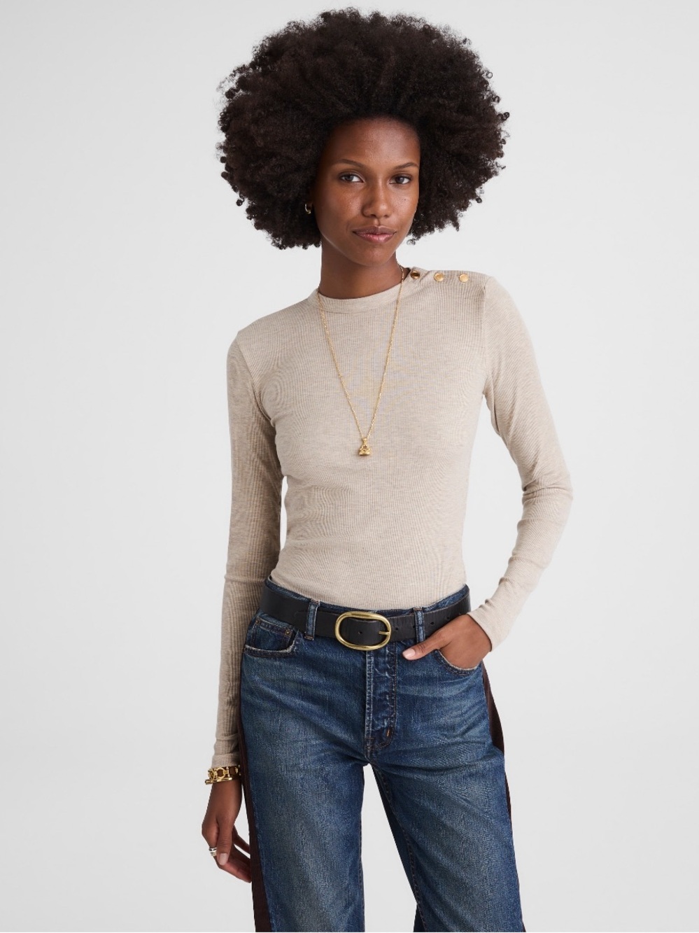 NWT Madewell Ribbed Button Crewneck Tee Heather Coastal Dune Size Medium